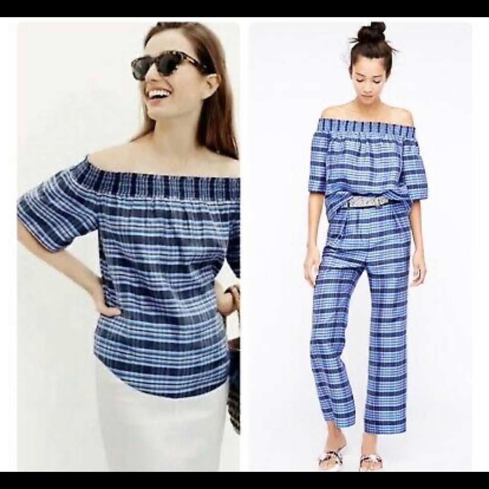 J.Crew Collection Blue Plaid 100% Silk S/S Sz 8